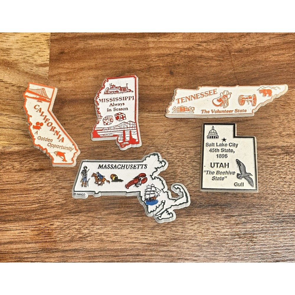 Vintage Lot of 5 US State Shaped Refrigerator Tourist Magnets